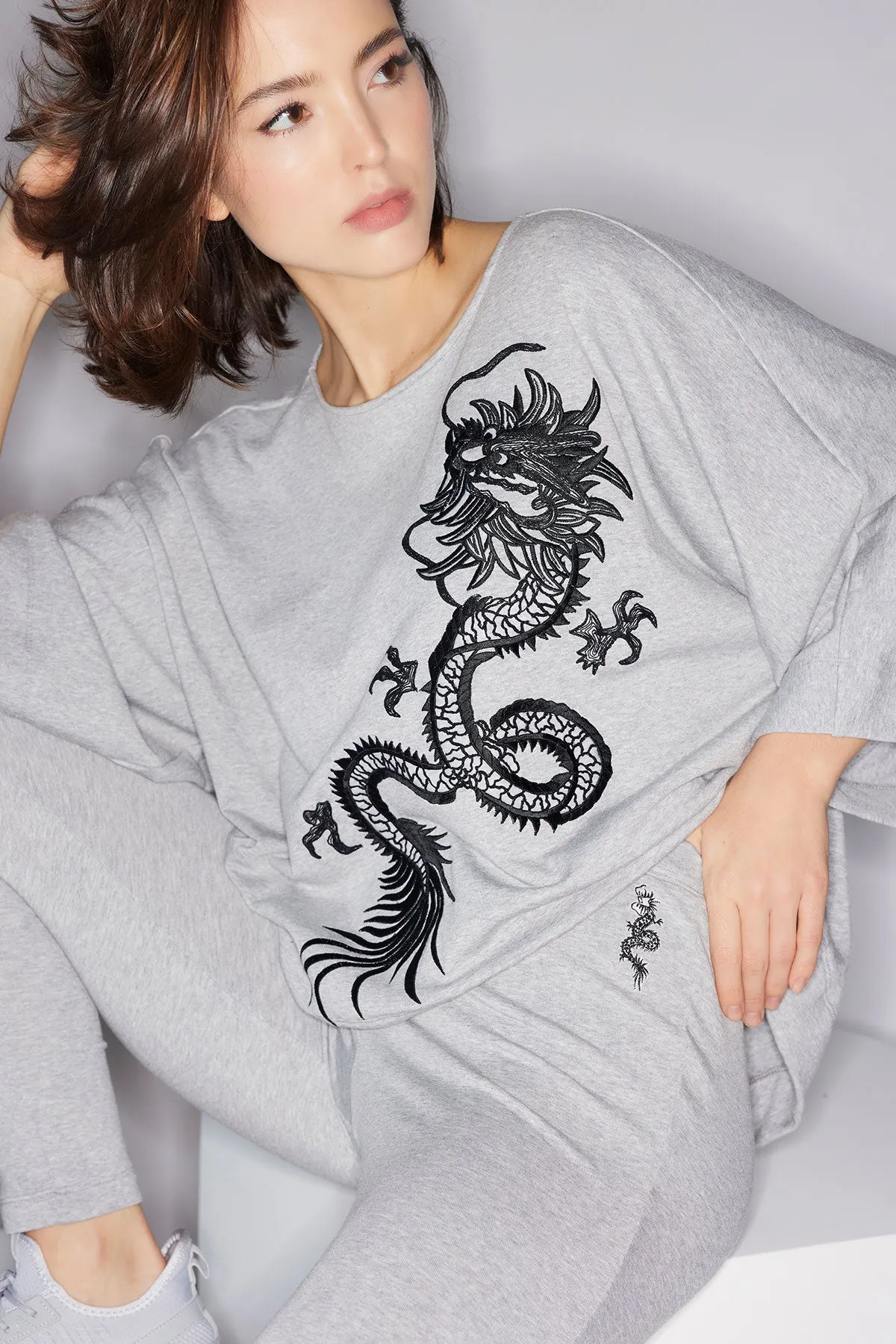 Cocoon Brushed French Terry Dragon Embroidered Kimono Top sold by Natori