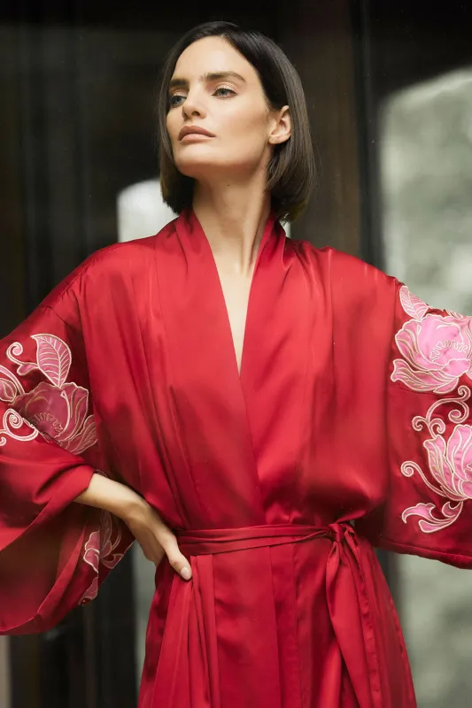 Satin Essentials Embroidered Kimono sold by Natori