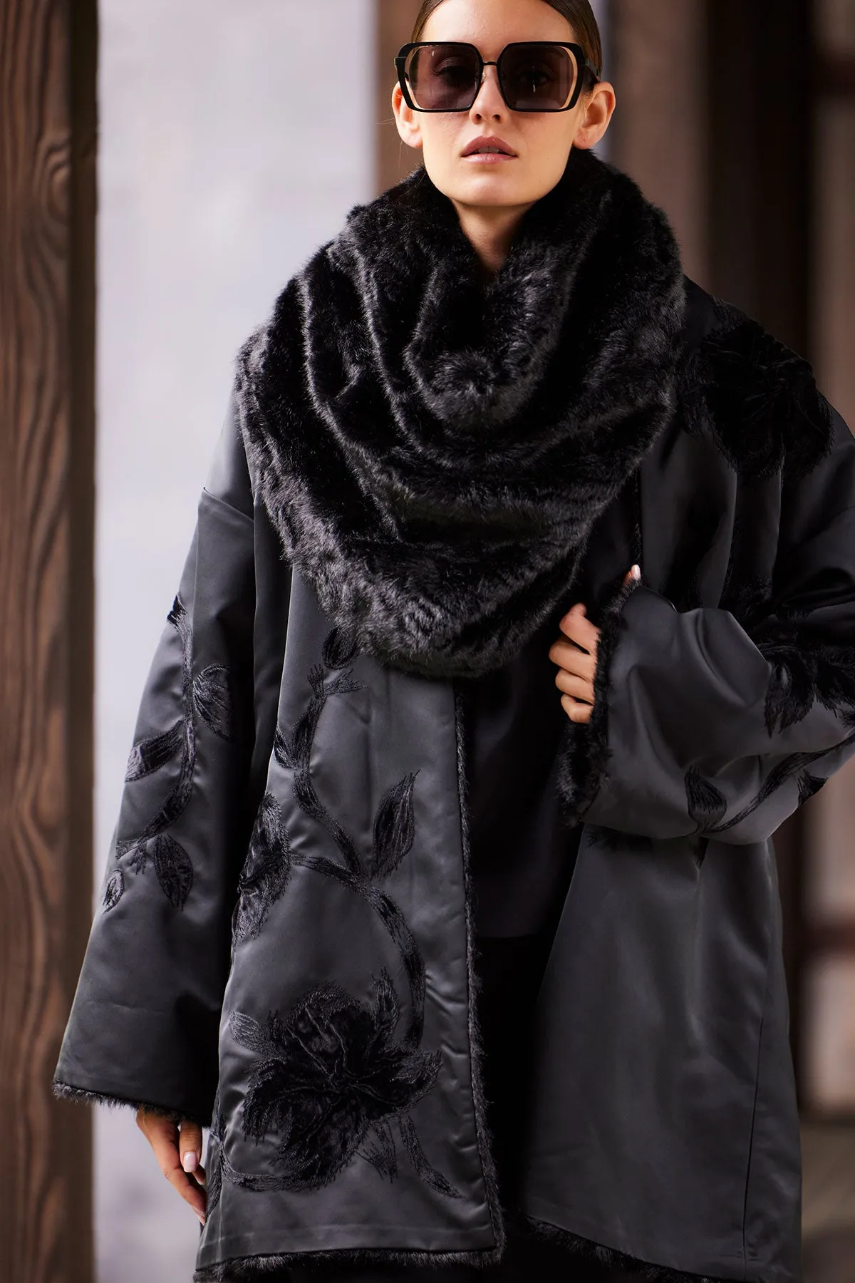 Couture Duchess Satin Embroidered Fur Coat sold by Natori product image thumbnail 4