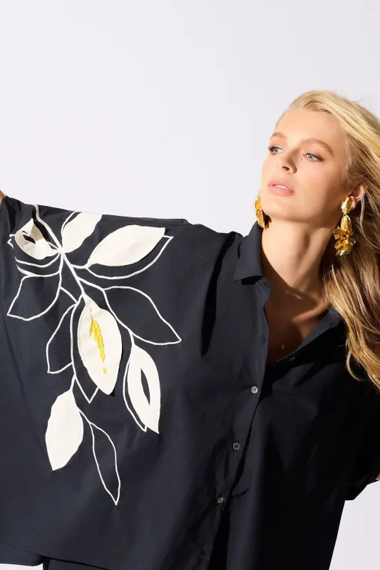 Tech Cotton Taffeta Embroidered Button Down Caftan Shirt made by Natori