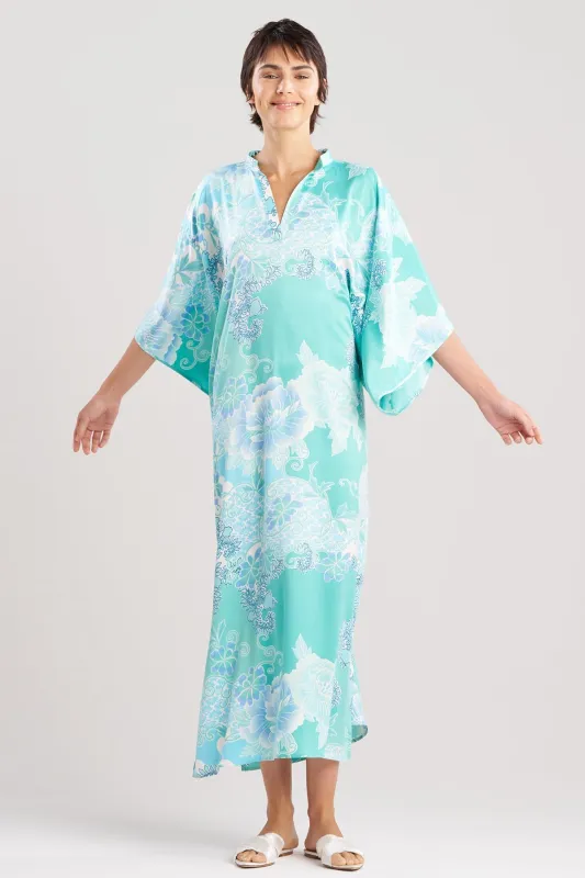Flourish Printed Satin Mandarin Butterfly Caftan sold by Natori
