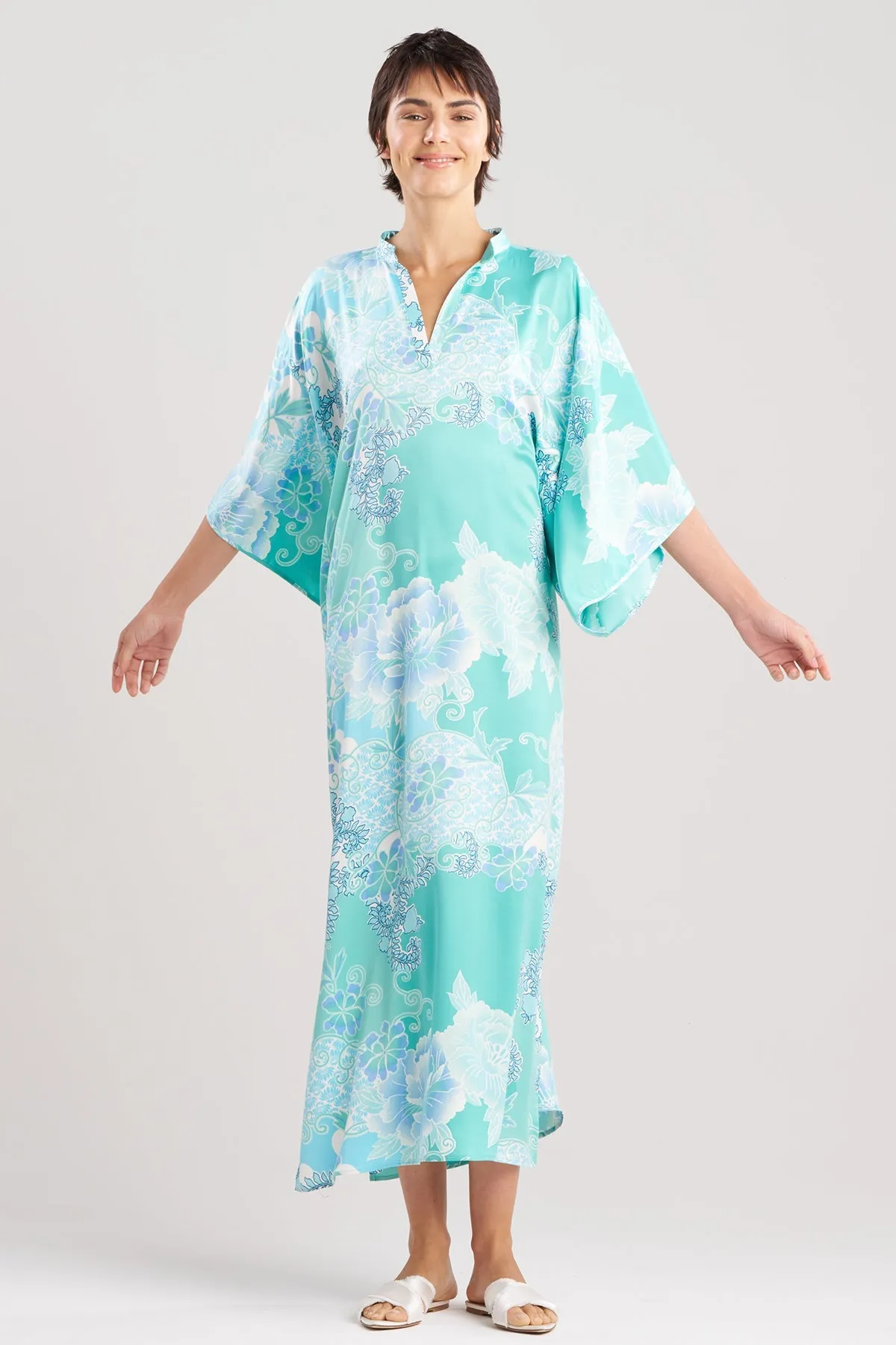 Flourish Printed Satin Mandarin Butterfly Caftan sold by Natori