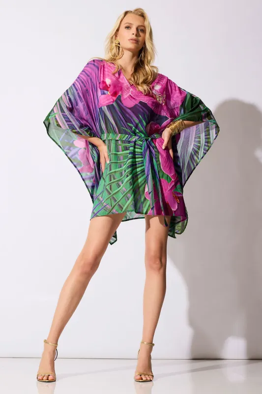 Orchid Silk Cotton Voile Short Caftan made by Natori