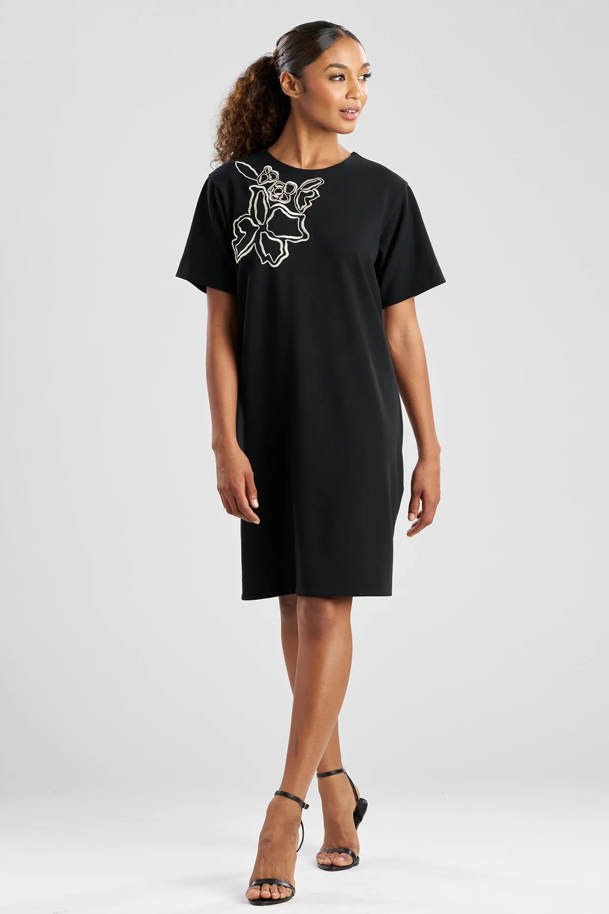 Solid Knit Crepe Embellished Short Sleeve Shift Dress sold by Natori