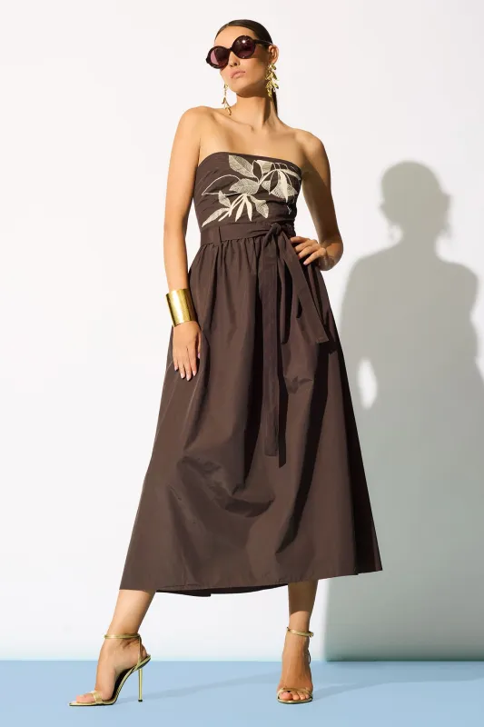Techno Poplin Embroidered Strapless Belted Dress made by Natori