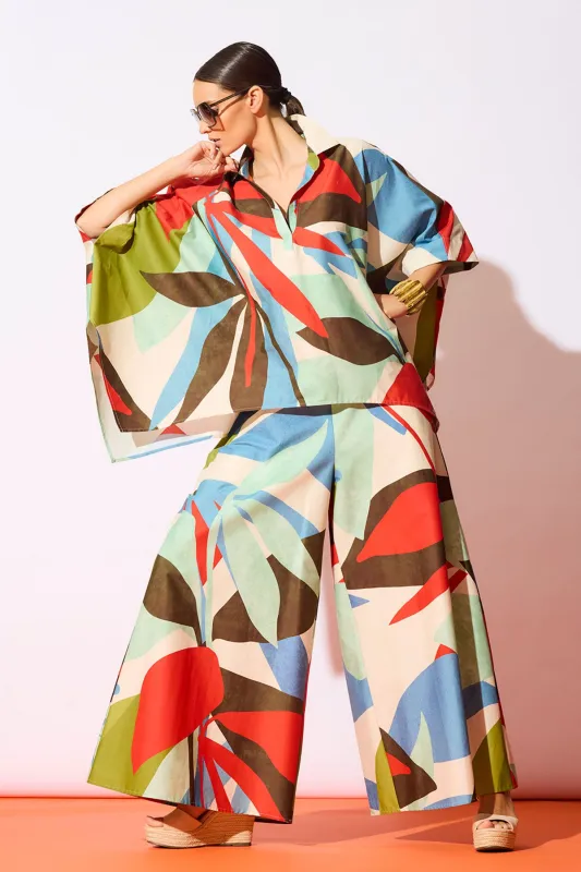 Abstract Palm Cotton Poplin Pull On Palazzo Pants made by Natori