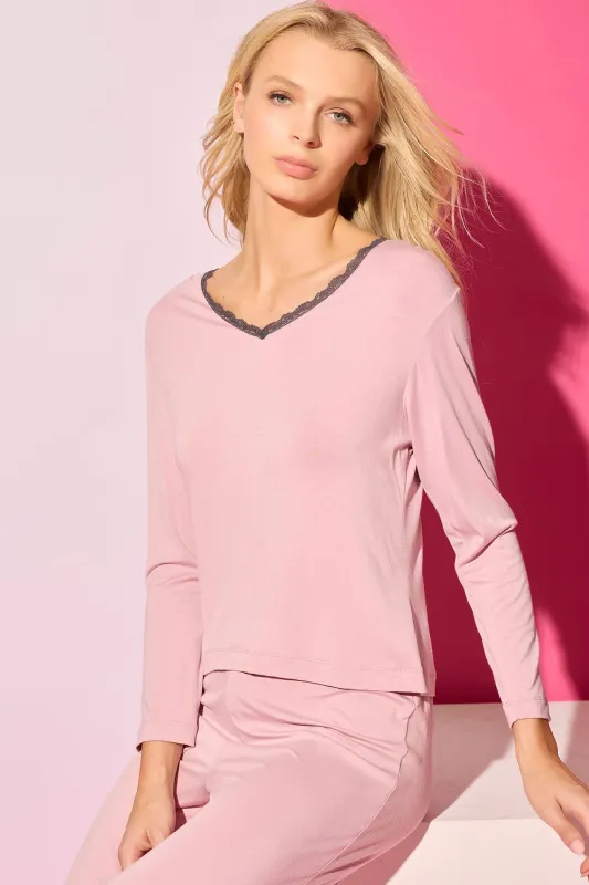 Iris Bamboo Jersey Ease Long Sleeve Lace PJ sold by Natori