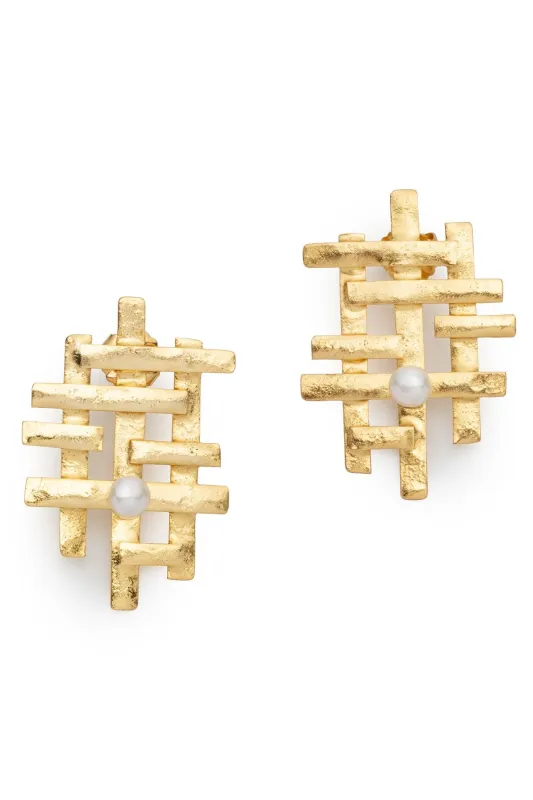 Fresh Water Pearl & Gold Plated Statement Pierced Earrings made by Natori