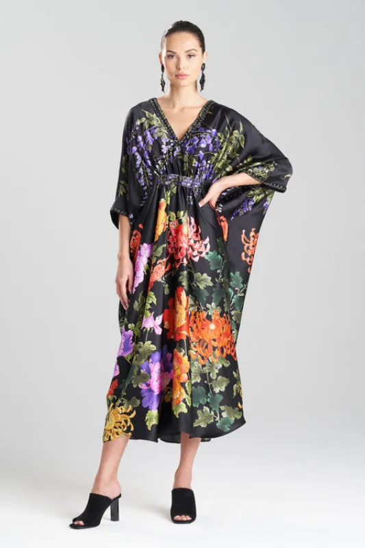Kairaku Garden Charmeuse Beaded Silk Caftan made by Natori