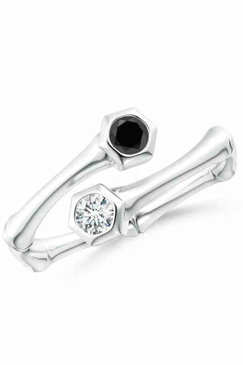 Indochine 14k Black & White Diamond Bamboo Bypass Ring sold by Natori
