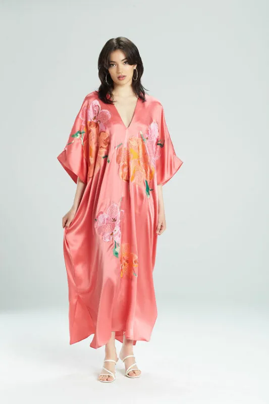 Peony Blossoms Embroidered Silk Caftan sold by Natori