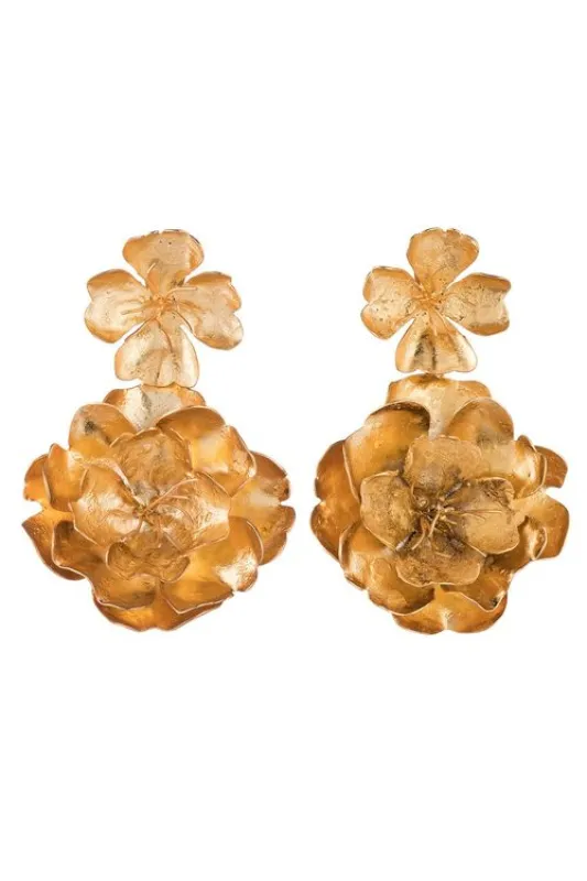 Gold Brass Double Peony Clip Earrings sold by Natori