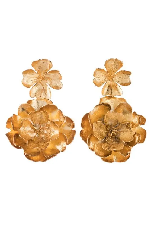 Gold Brass Double Peony Clip Earrings sold by Natori