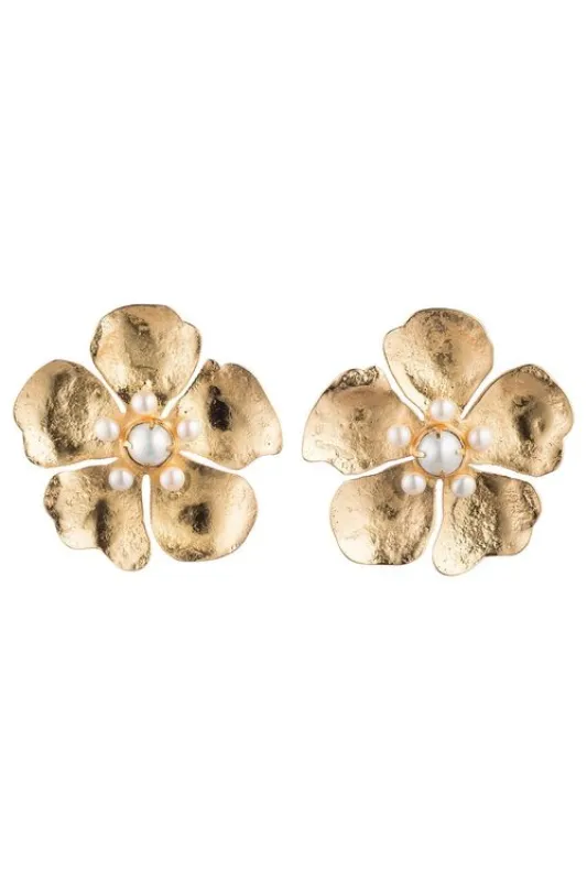 Gold Brass Peony Clip Earrings With Pearl sold by Natori