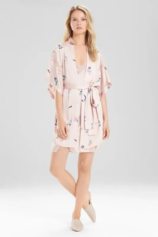 Papillon Printed Feathers Satin Robe made by Natori