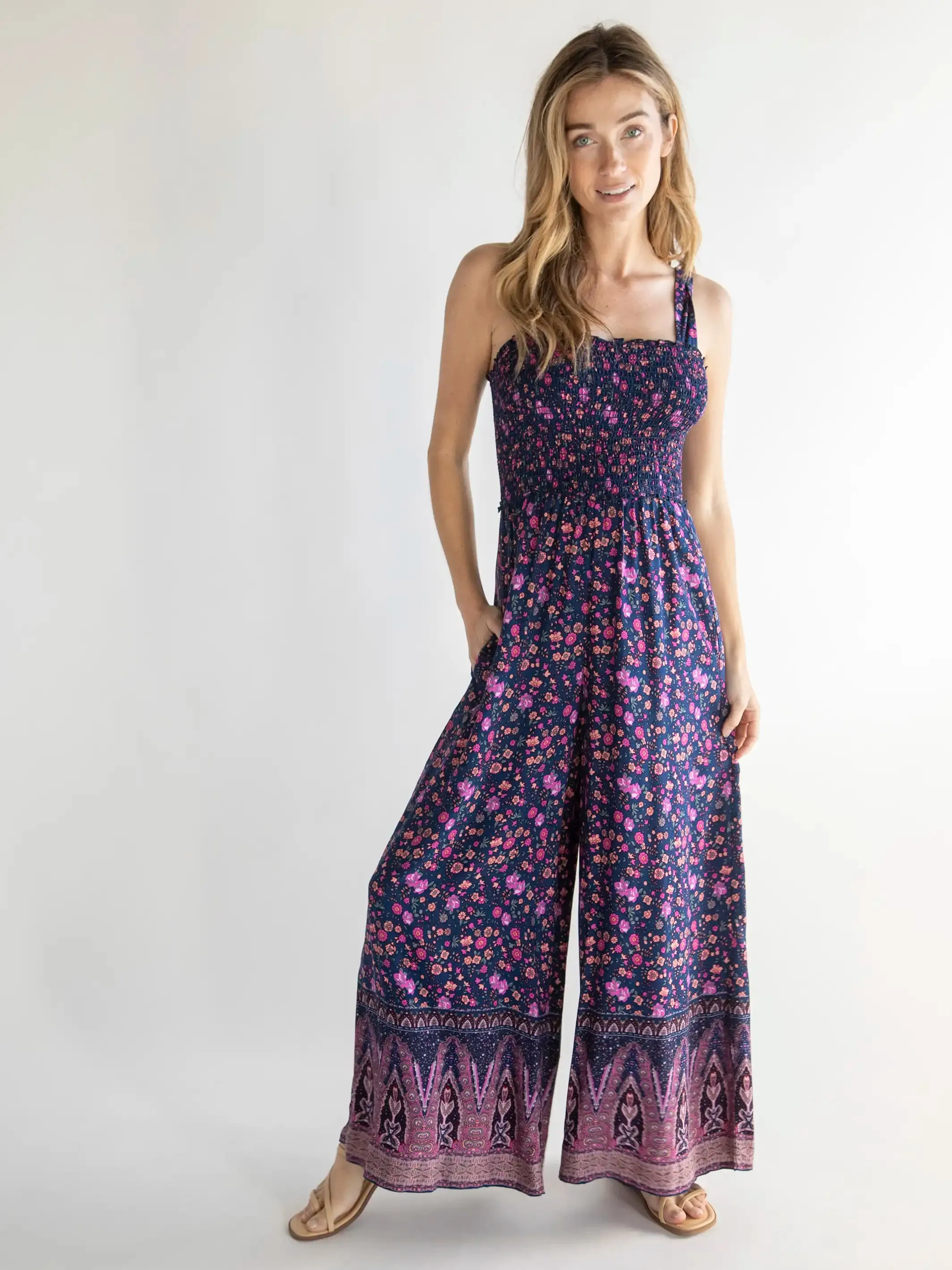 Sedona Jumpsuit - Navy Light Pink Border sold by NATURAL LIFE