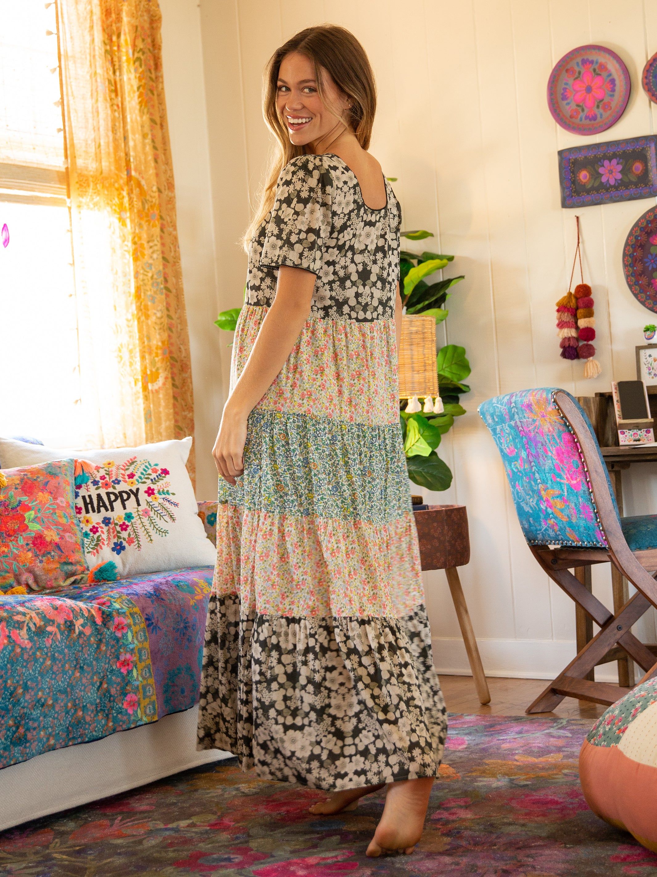 Lucia Tiered Maxi Dress - Charcoal Pink Mix Print sold by NATURAL LIFE product image thumbnail 2