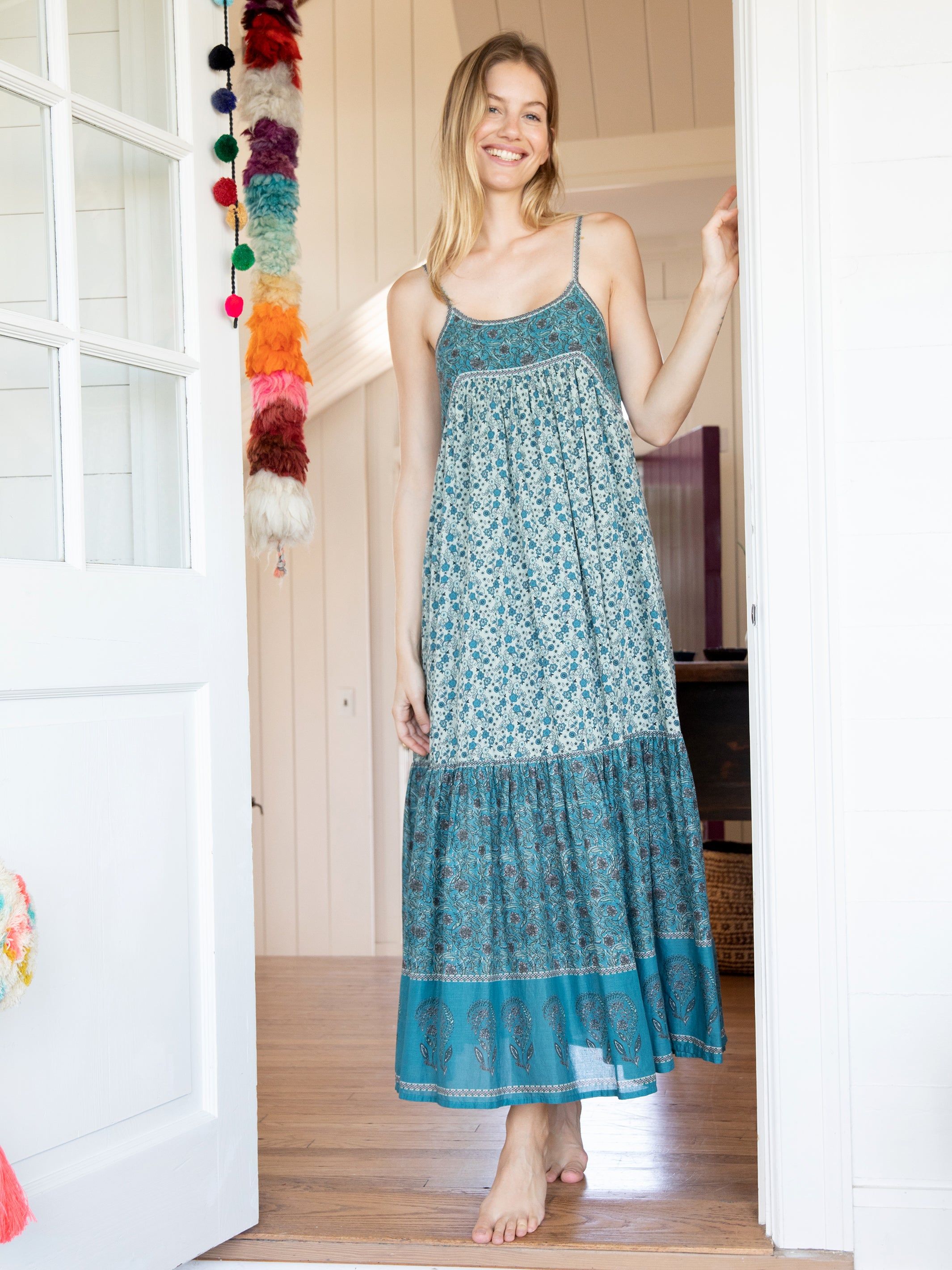 Journey Boho Maxi Dress Teal - Floral Border sold by NATURAL LIFE product image thumbnail 4