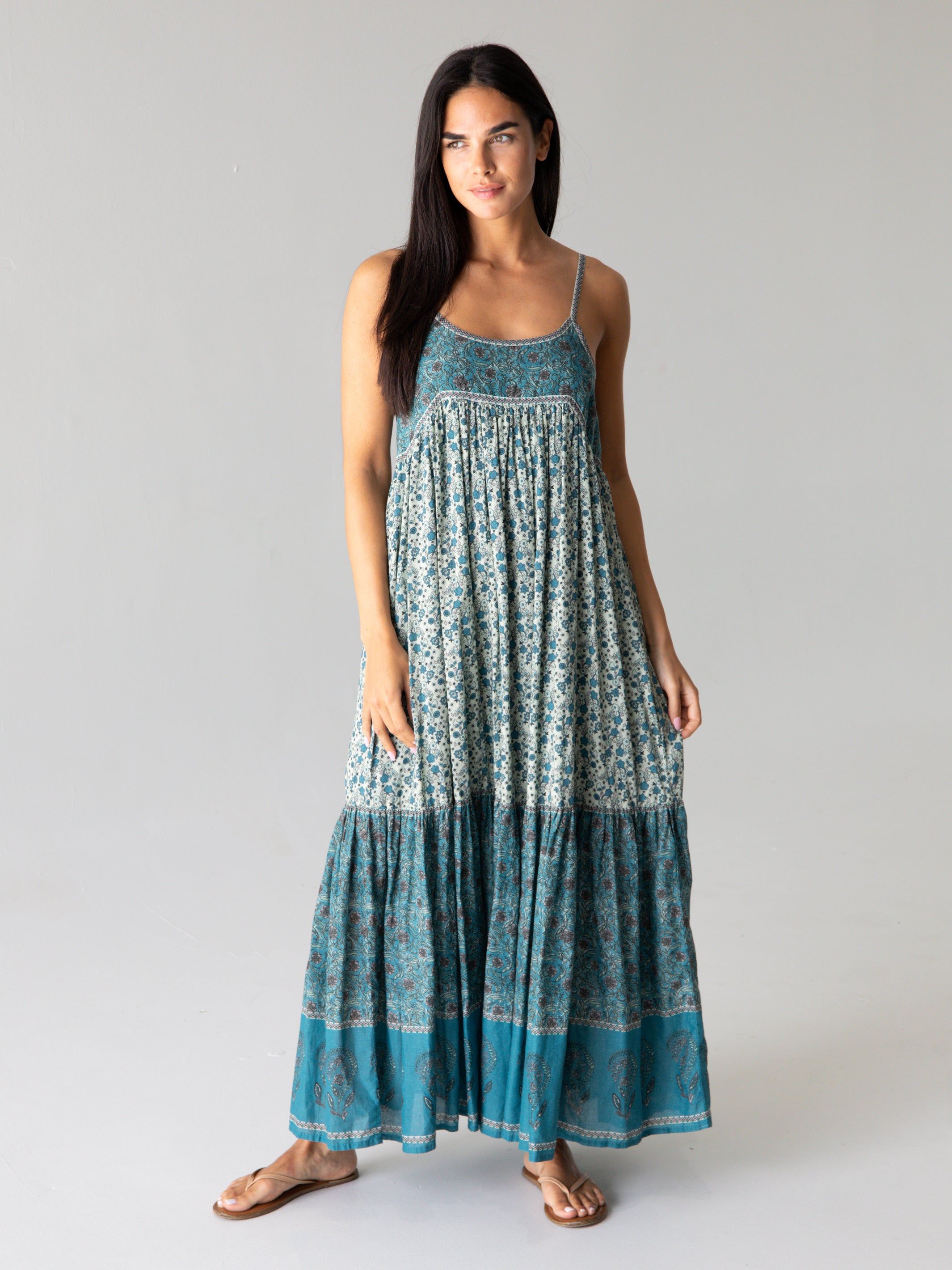 Journey Boho Maxi Dress Teal - Floral Border sold by NATURAL LIFE