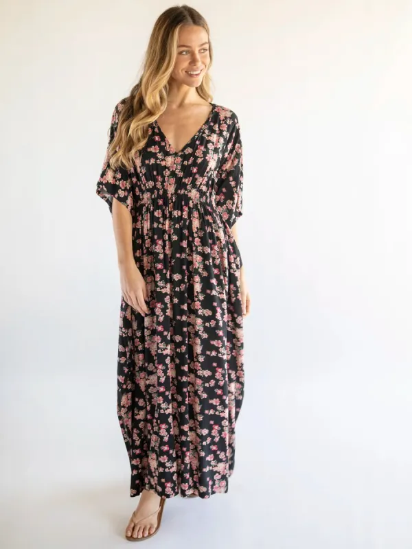 Sanibel Kaftan Maxi Dress - Black Light Pink Floral sold by NATURAL LIFE