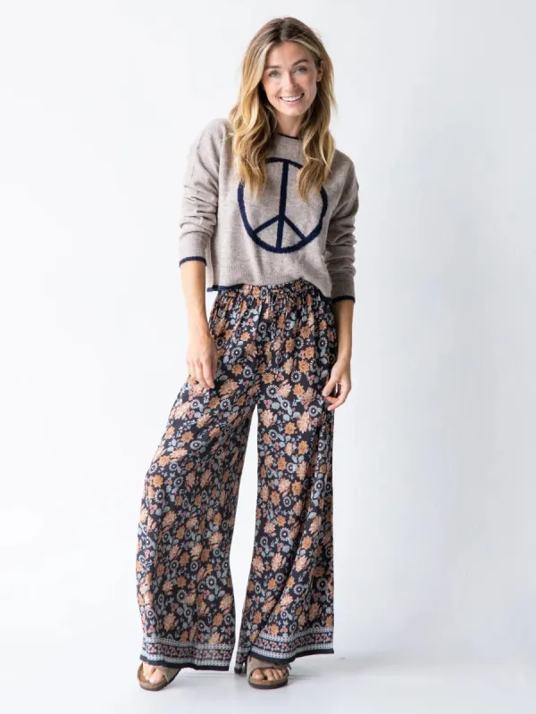 Wide Leg Pant - Charcoal Light Blue Floral Border sold by NATURAL LIFE