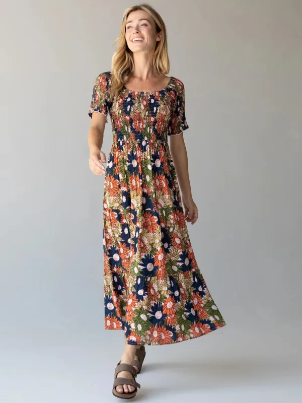 Daisy Tiered Midi Dress - Navy Yellow Floral sold by NATURAL LIFE