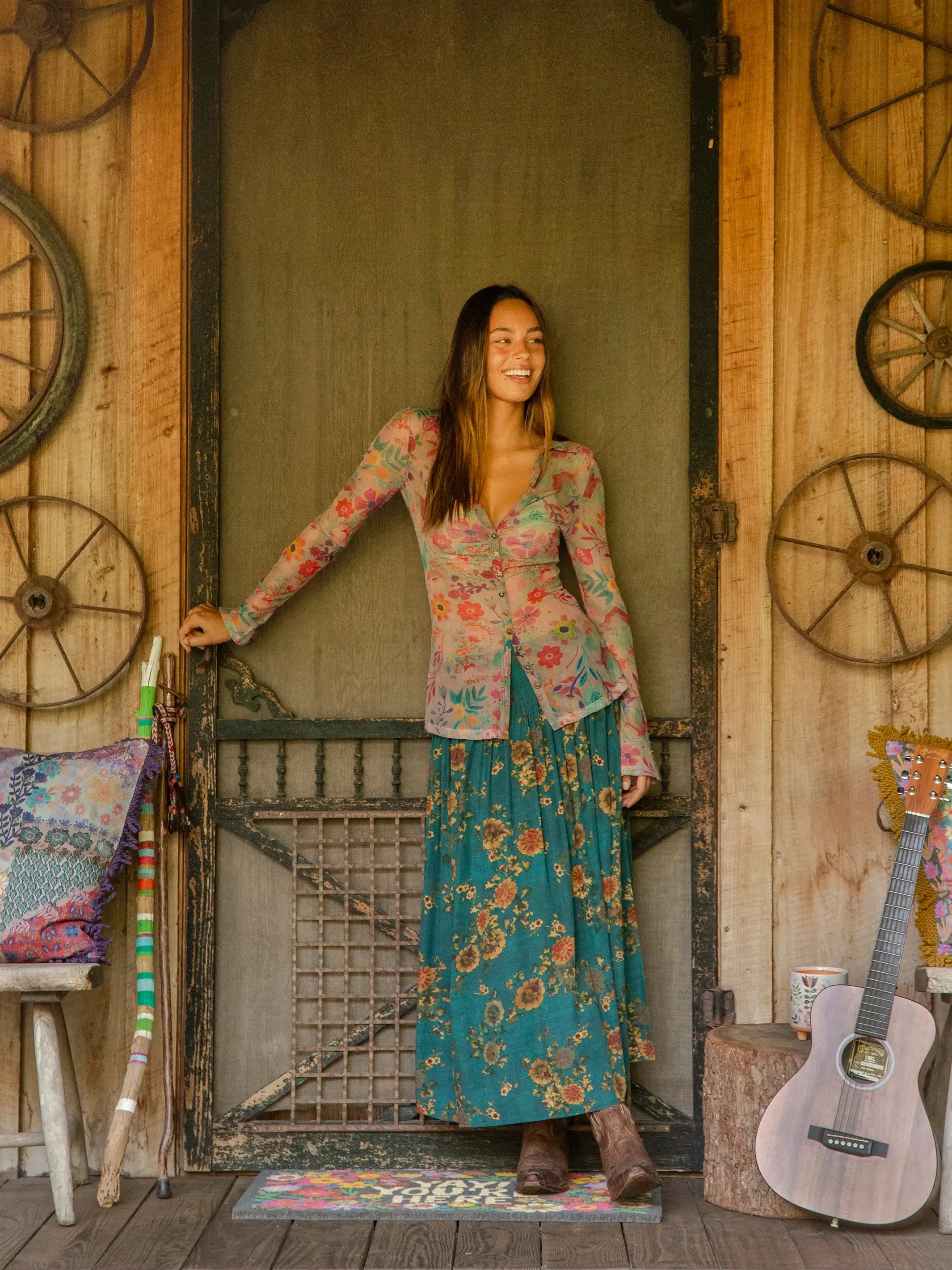 Carina Mesh Top - Cream Turquoise Floral sold by NATURAL LIFE product image thumbnail 5