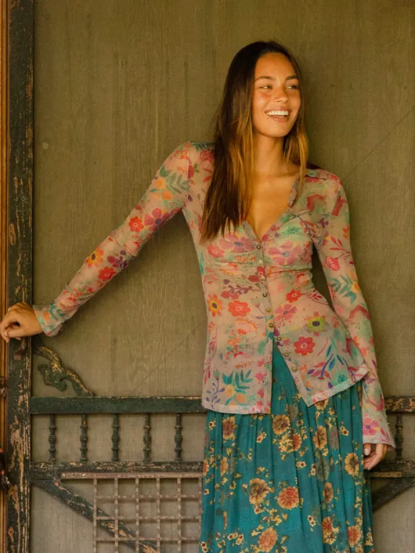 Carina Mesh Top - Cream Turquoise Floral sold by NATURAL LIFE