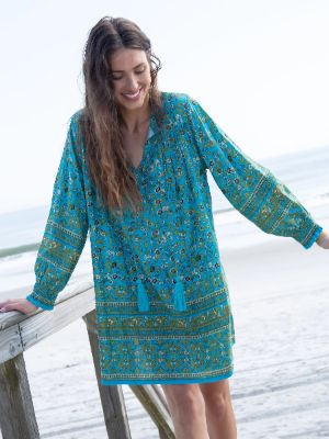 Dara V-Neck Mini Dress - Green Turquoise Border sold by NATURAL LIFE
