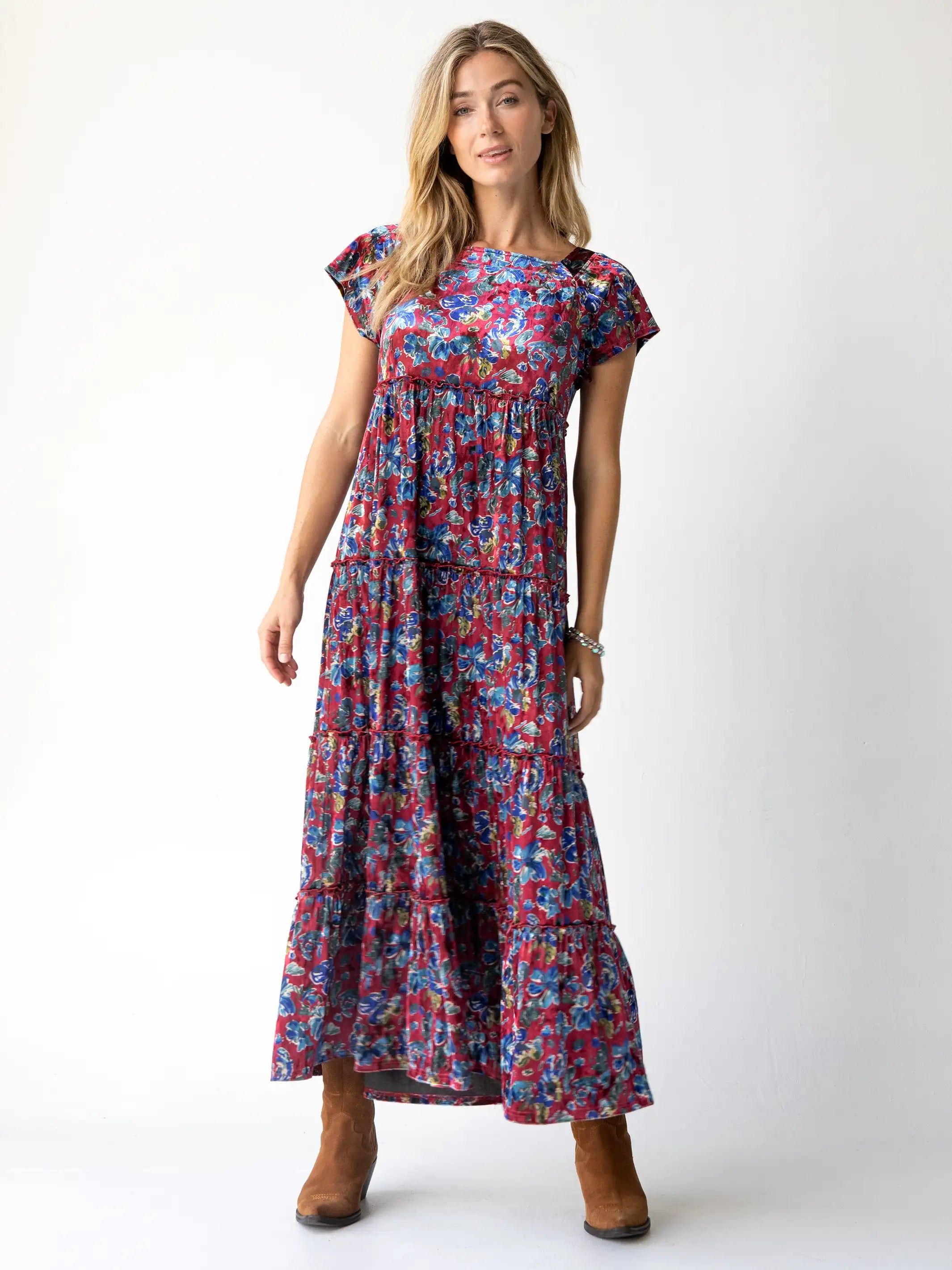 Berkley Velvet Maxi Dress - Red Blue Floral sold by NATURAL LIFE product image thumbnail 3