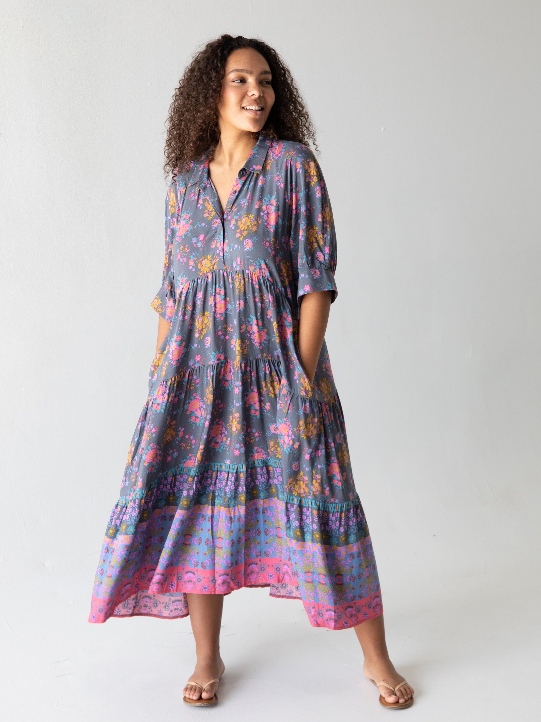 Rebecca Tiered Midi Dress - Charcoal Blue Border sold by NATURAL LIFE product image thumbnail 3