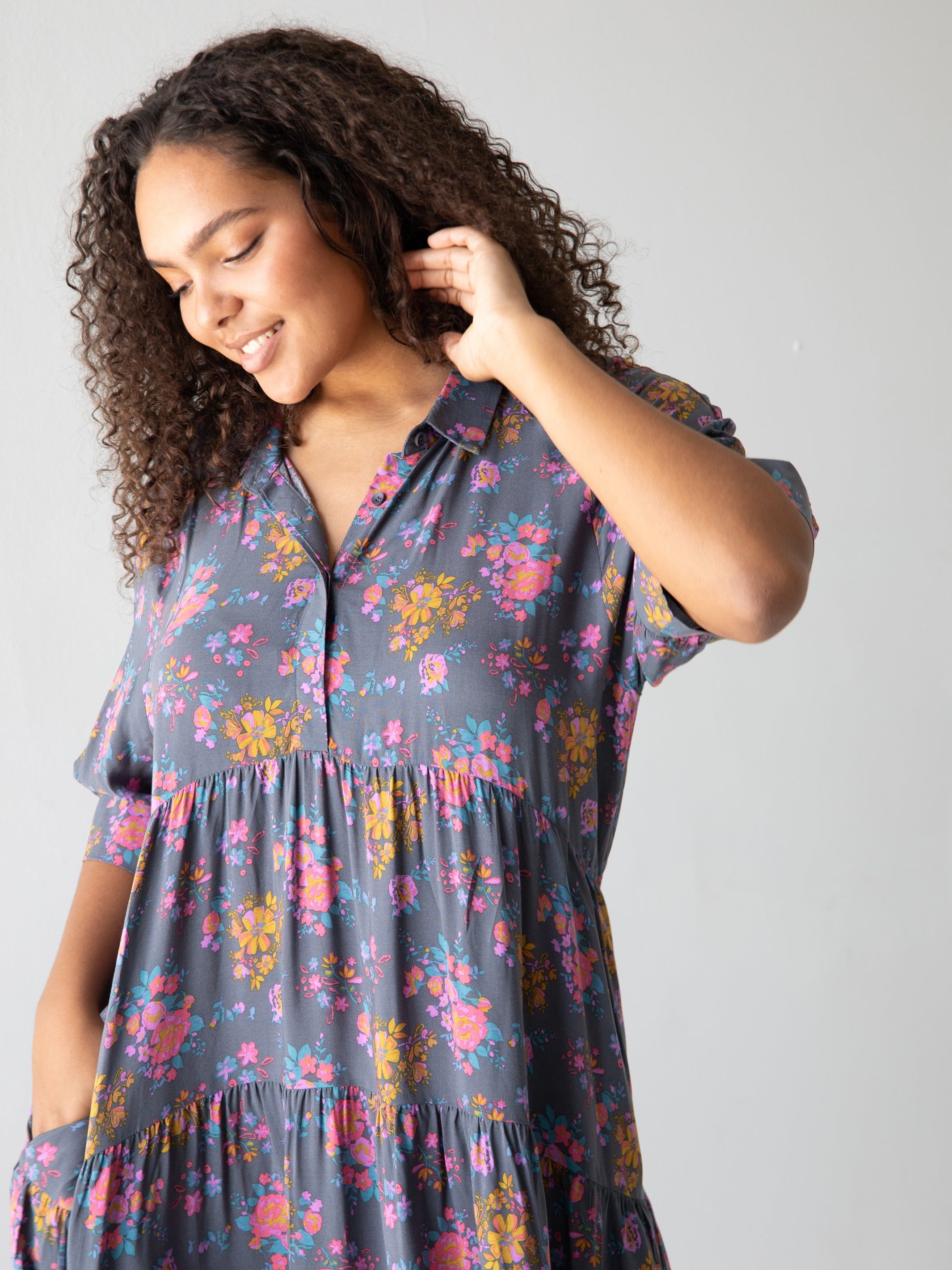 Rebecca Tiered Midi Dress - Charcoal Blue Border sold by NATURAL LIFE product image thumbnail 4