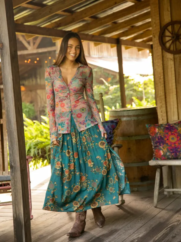 Addie Midi Skirt - Teal Orange Clusters sold by NATURAL LIFE