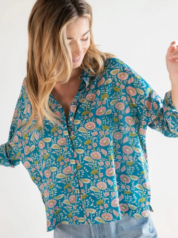 Lara Button Down - Blue Pink Floral Vines sold by NATURAL LIFE
