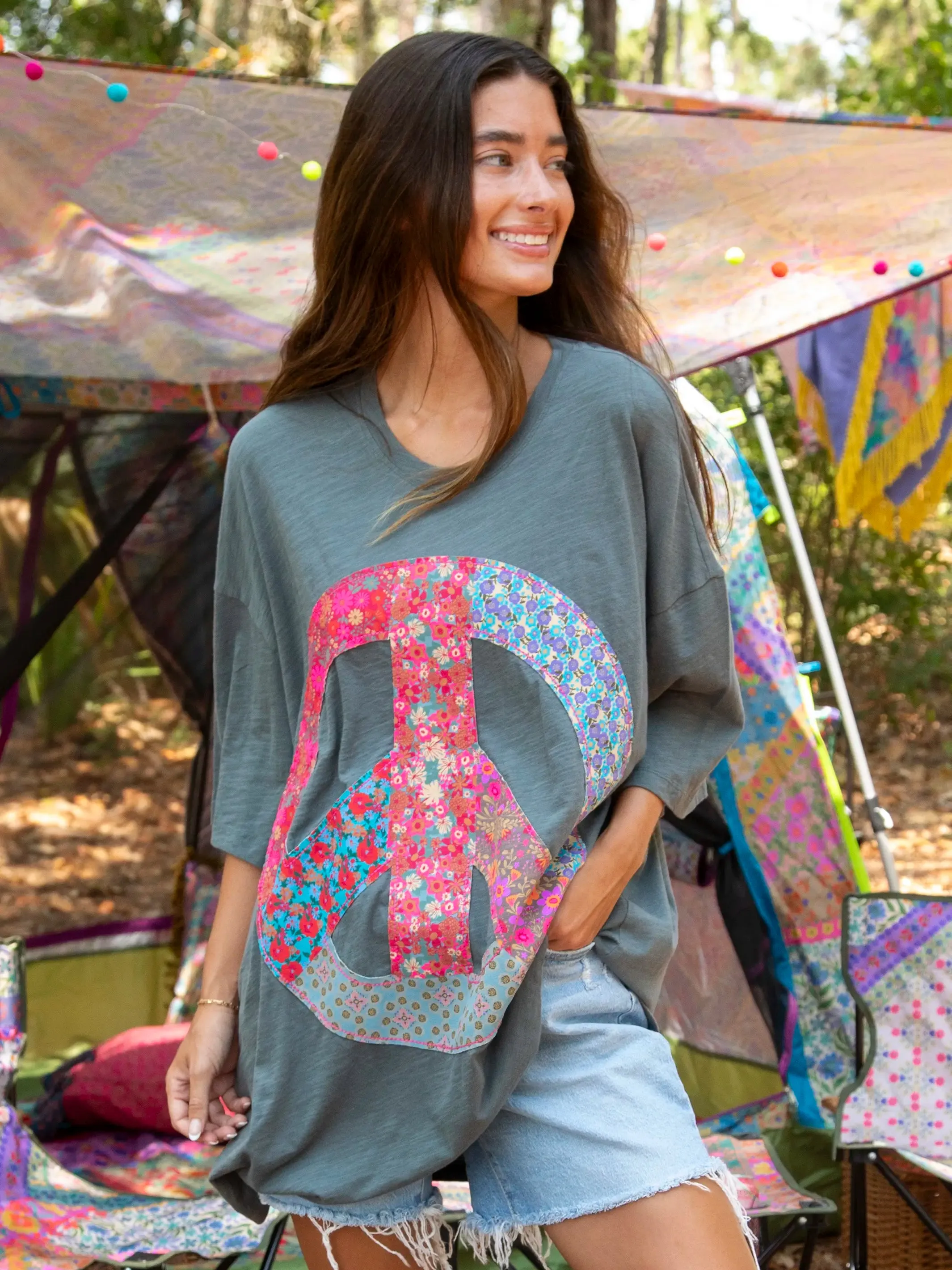Oversized Cotton Applique Tee - Charcoal Peace Sign sold by NATURAL LIFE