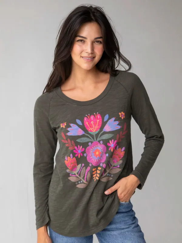 Long Sleeve Boho Cotton Tee Shirt - Folk Flower Charcoal sold by NATURAL LIFE