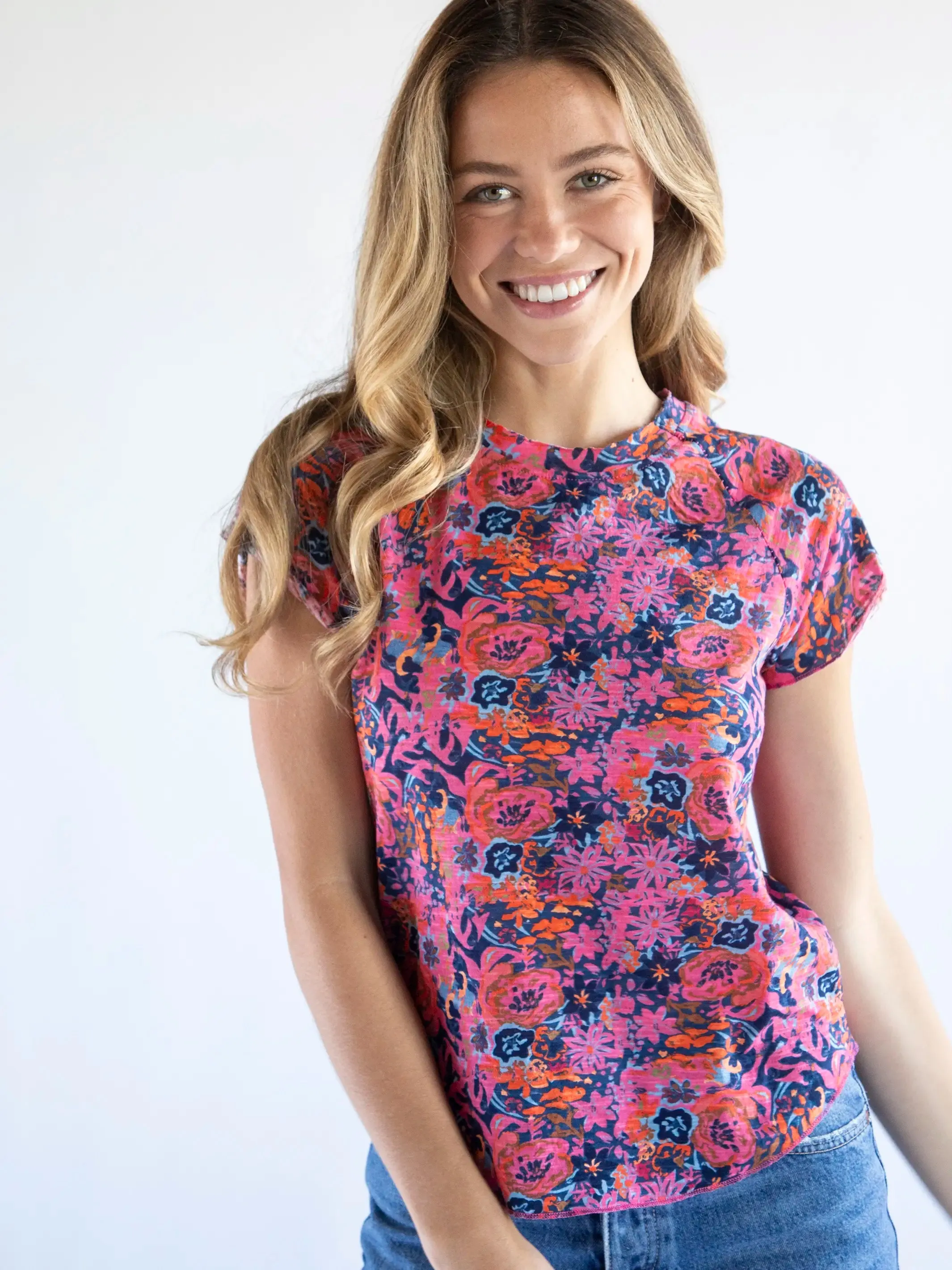 Lily Knit Cotton Tee Shirt - Grey Pink Painted Floral sold by NATURAL LIFE