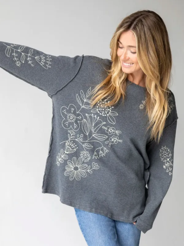 Aida Embroidered Thermal - Charcoal Folk Flowers sold by NATURAL LIFE