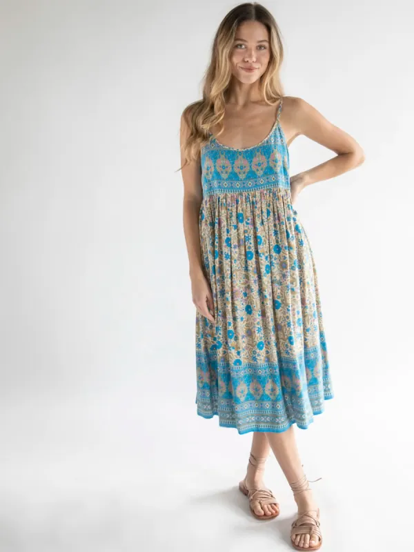 Gigi Midi Dress - Tan Blue Border sold by NATURAL LIFE