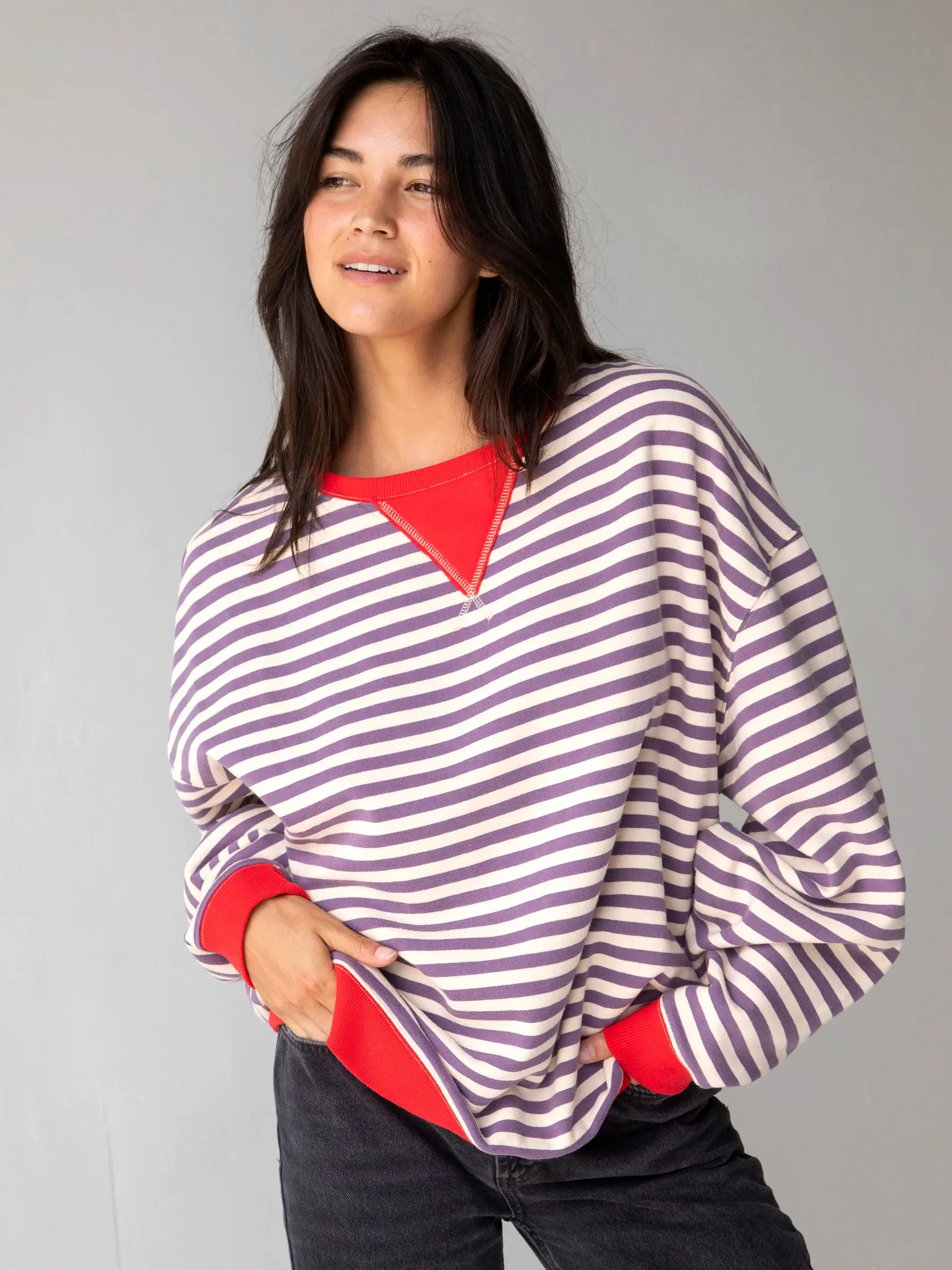 Oversized Striped Sweatshirt - Cream Purple Stripes sold by NATURAL LIFE product image thumbnail 5