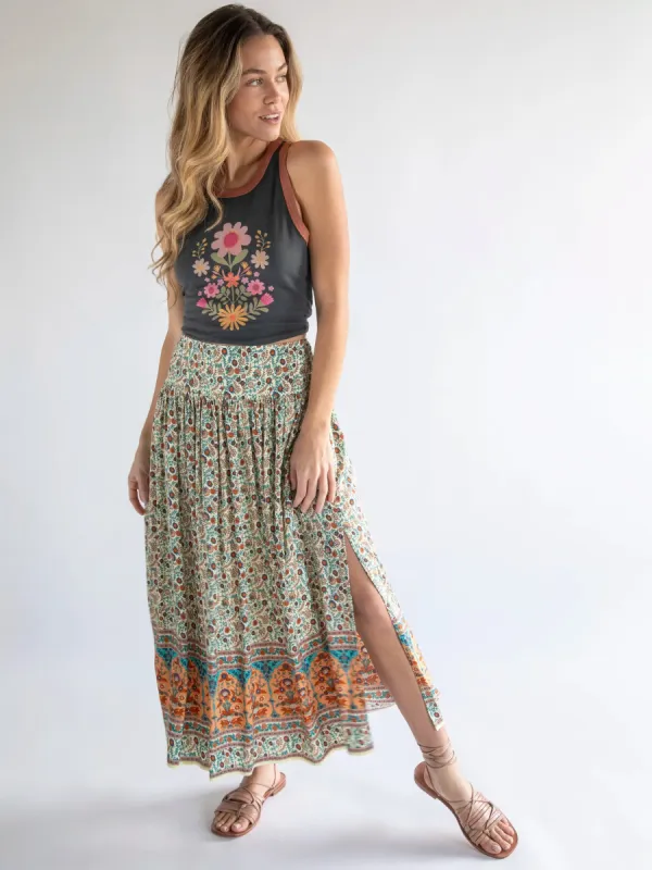 Addie Midi Skirt - Cream Orange Border sold by NATURAL LIFE