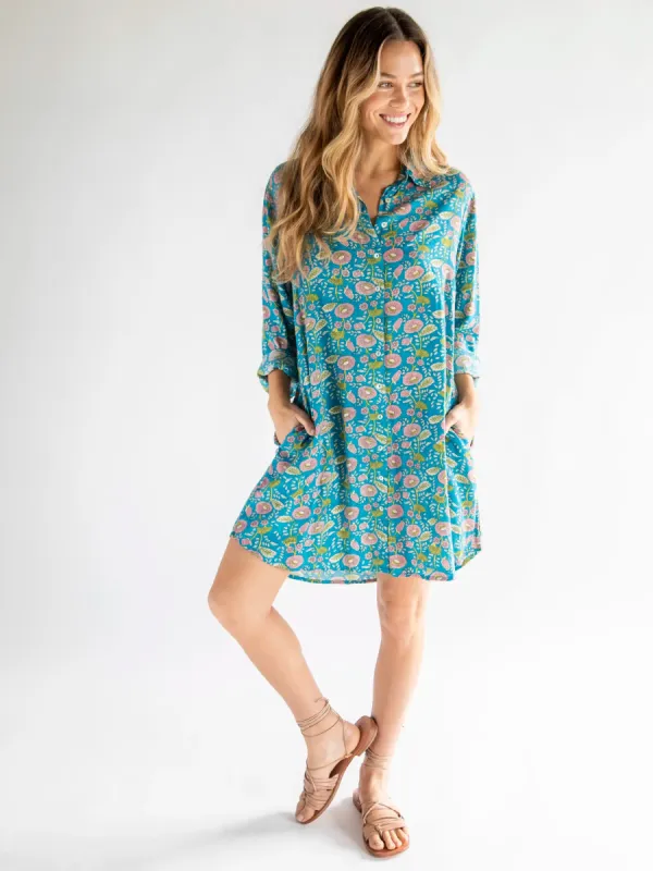 Georgia Shirt Dress - Blue Pink Floral Vines sold by NATURAL LIFE