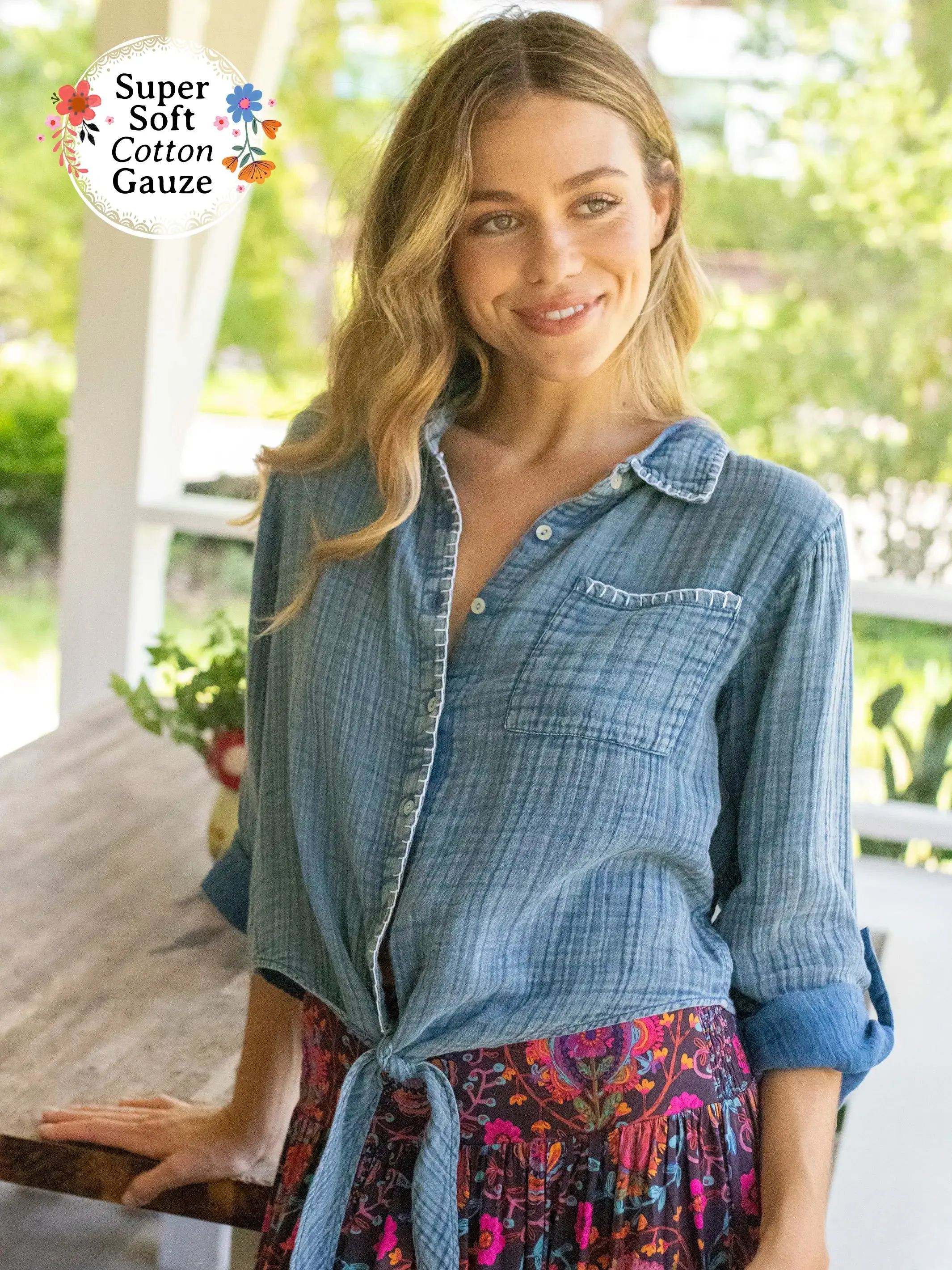 Lola Tie Cotton Button Down - Denim sold by NATURAL LIFE