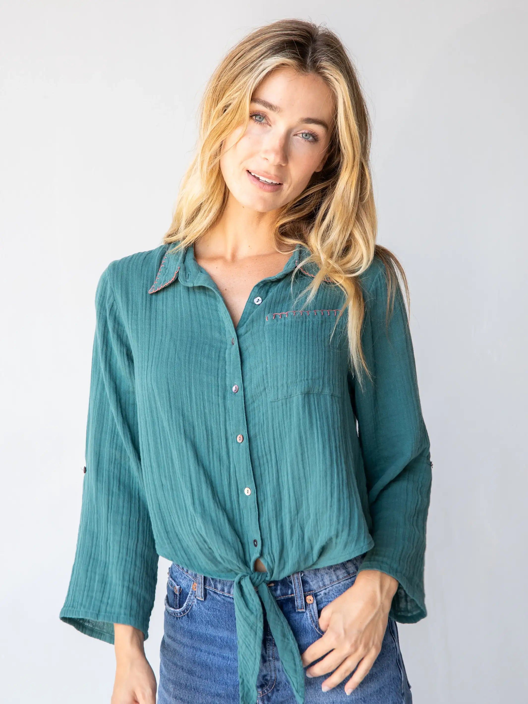 Lola Tie Button Down - Teal sold by NATURAL LIFE product image thumbnail 2