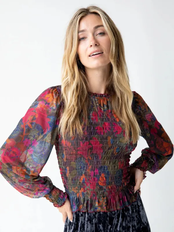 Juliana Mesh Smocked Top - Dark Floral Garden sold by NATURAL LIFE