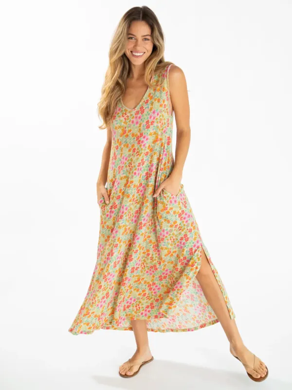 Hangout Knit Midi Dress - Mustard Coral Floral sold by NATURAL LIFE