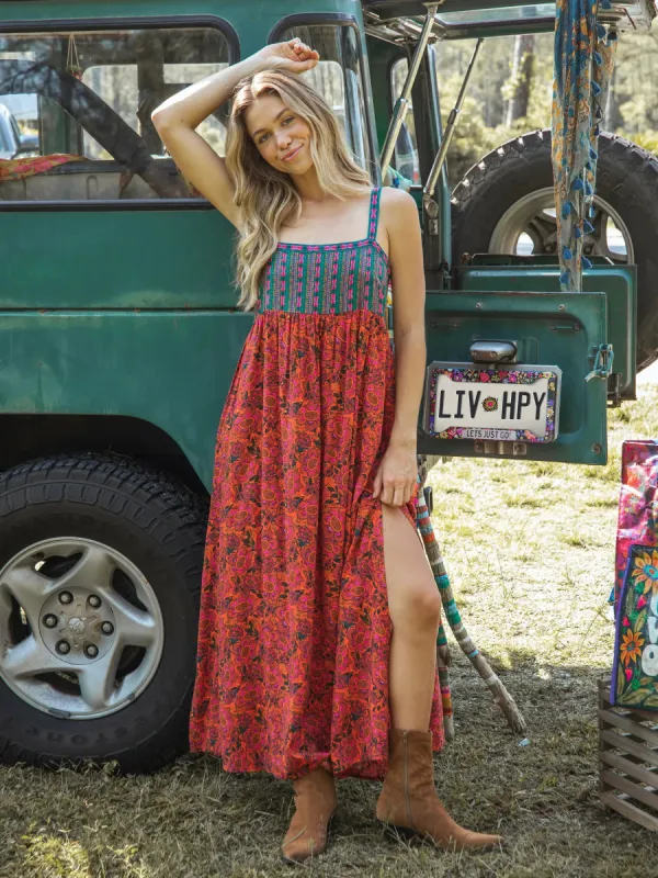Patti Side Slit Maxi Dress - Red Orange Mixed Print sold by NATURAL LIFE