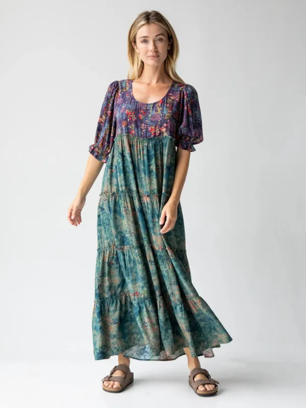 Collette Tiered Maxi Dress - Navy Turquoise Floral made by NATURAL LIFE