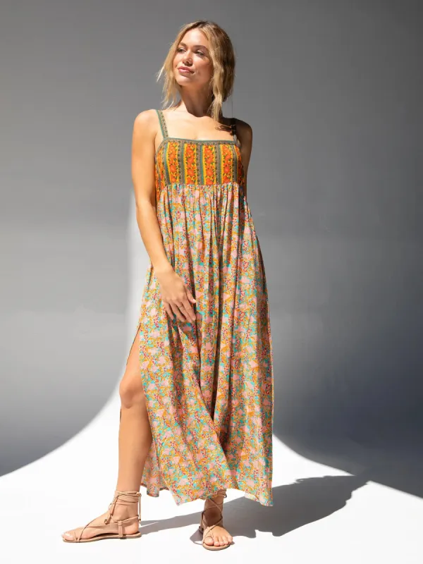 Patti Side Slit Maxi Dress - Turquoise Orange Mixed Print sold by NATURAL LIFE