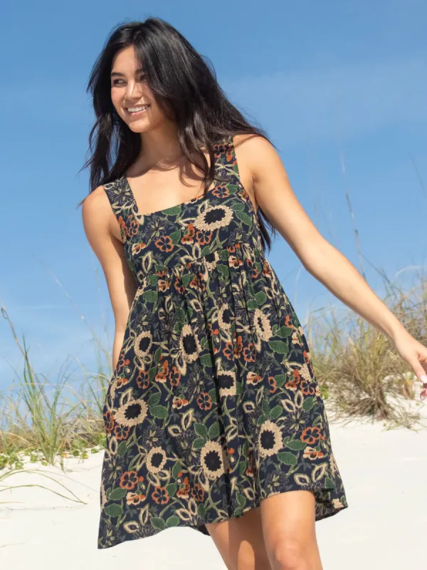 Tricia Dress - Navy Tan Dahlias made by NATURAL LIFE